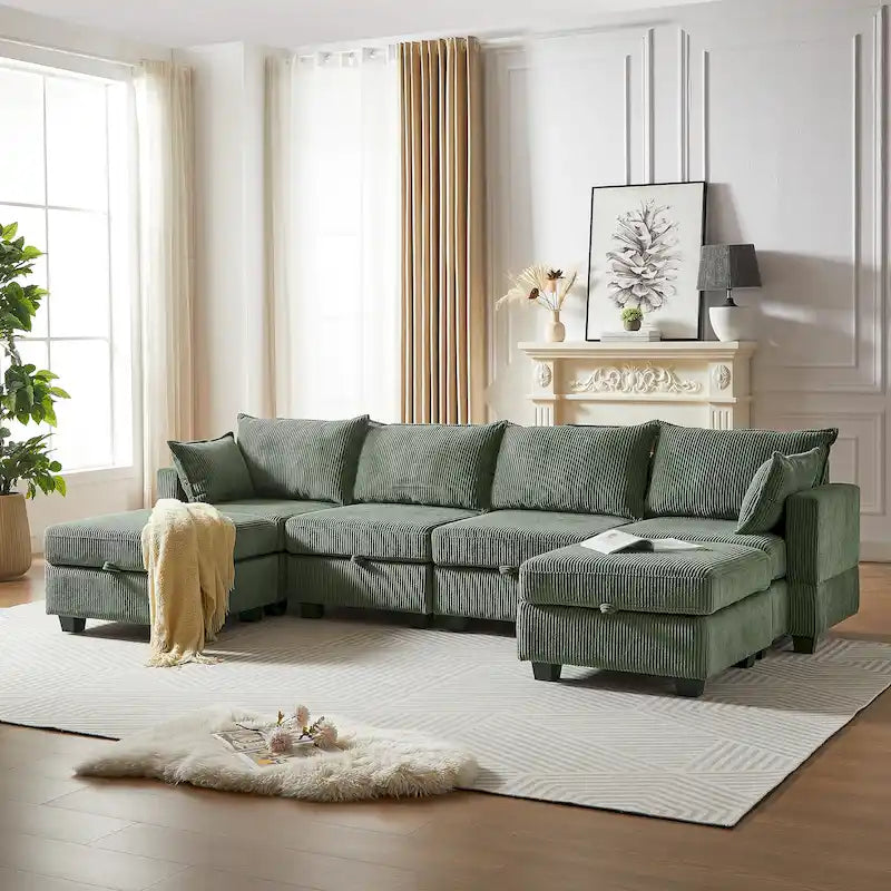 6-Piece Convertible Corduroy Modular Sectional Sofa with Storage Seats, 2 Removable Ottomans, Free Combination