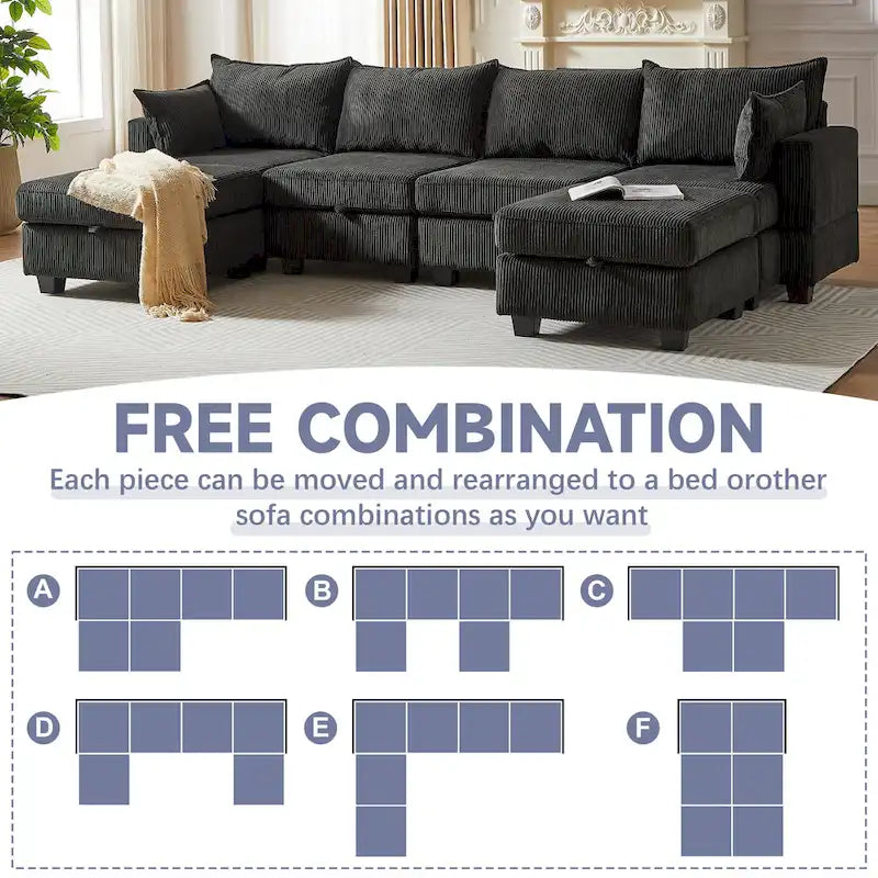 6-Piece Convertible Corduroy Modular Sectional Sofa with Storage Seats, 2 Removable Ottomans, Free Combination