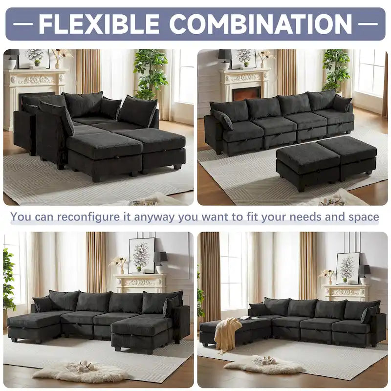 6-Piece Convertible Corduroy Modular Sectional Sofa with Storage Seats, 2 Removable Ottomans, Free Combination