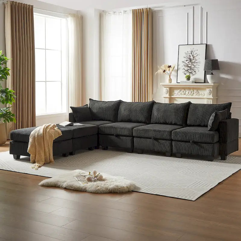 6-Piece Convertible Corduroy Modular Sectional Sofa with Storage Seats, 2 Removable Ottomans, Free Combination