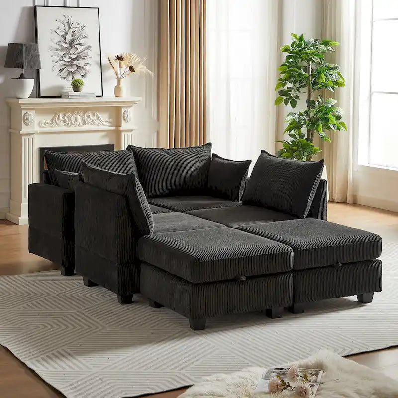 6-Piece Convertible Corduroy Modular Sectional Sofa with Storage Seats, 2 Removable Ottomans, Free Combination