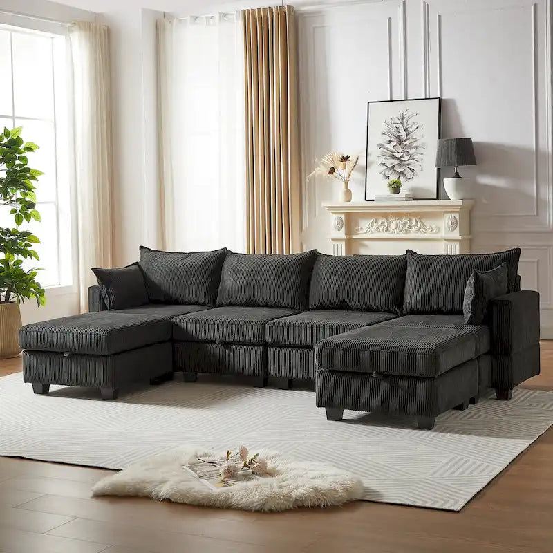6-Piece Convertible Corduroy Modular Sectional Sofa with Storage Seats, 2 Removable Ottomans, Free Combination