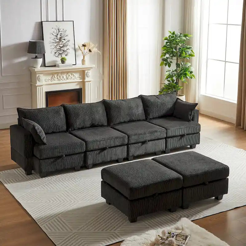 6-Piece Convertible Corduroy Modular Sectional Sofa with Storage Seats, 2 Removable Ottomans, Free Combination