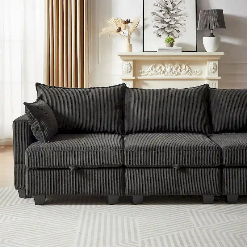 6-Piece Convertible Corduroy Modular Sectional Sofa with Storage Seats, 2 Removable Ottomans, Free Combination