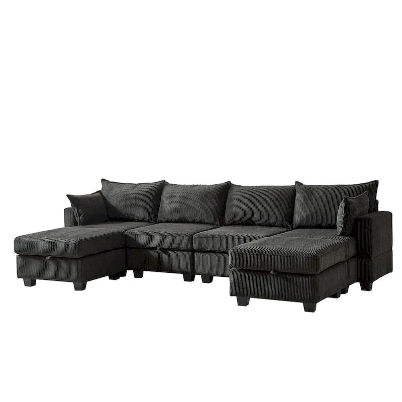 6-Piece Convertible Corduroy Modular Sectional Sofa with Storage Seats, 2 Removable Ottomans, Free Combination