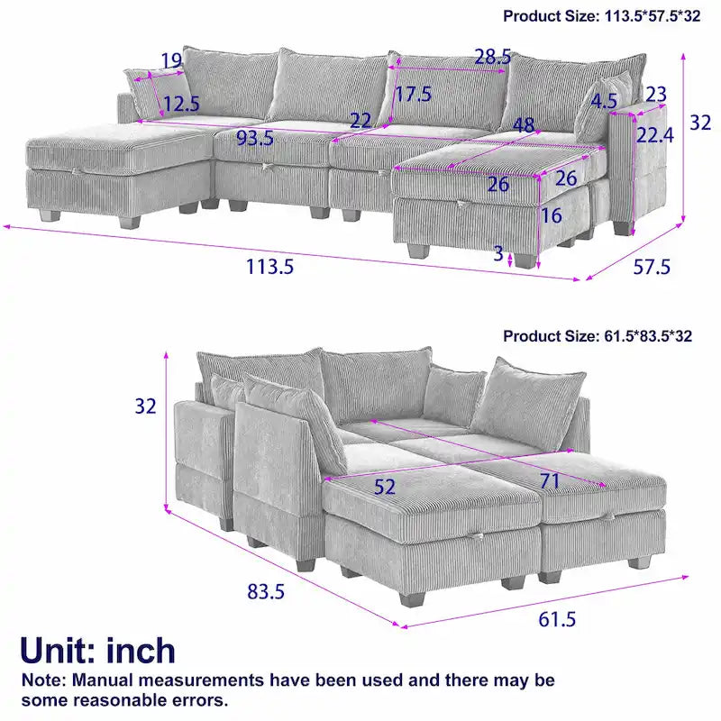 6-Piece Convertible Corduroy Modular Sectional Sofa with Storage Seats, 2 Removable Ottomans, Free Combination