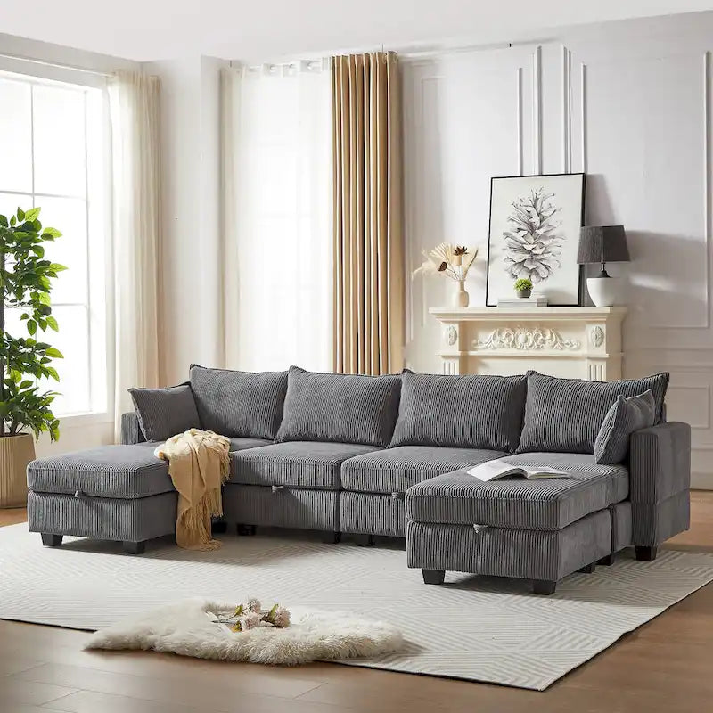 6-Piece Convertible Corduroy Modular Sectional Sofa with Storage Seats, 2 Removable Ottomans, Free Combination