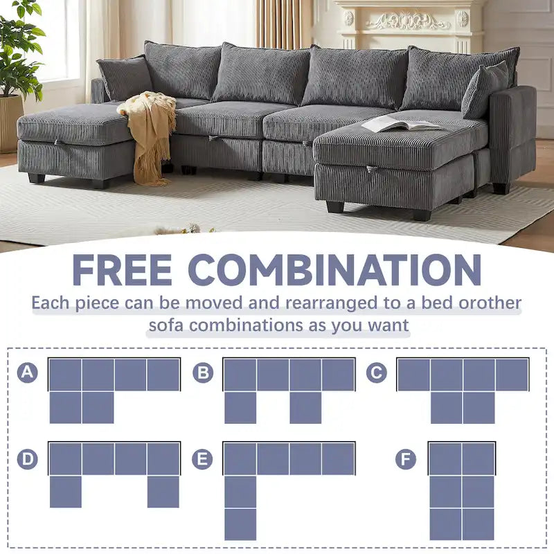 6-Piece Convertible Corduroy Modular Sectional Sofa with Storage Seats, 2 Removable Ottomans, Free Combination