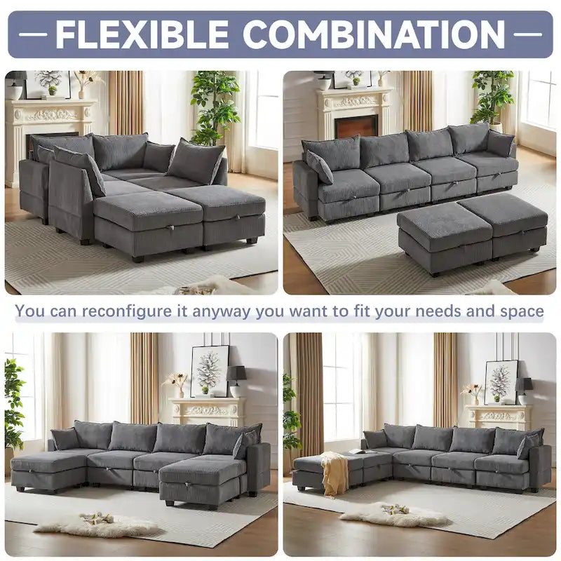 6-Piece Convertible Corduroy Modular Sectional Sofa with Storage Seats, 2 Removable Ottomans, Free Combination