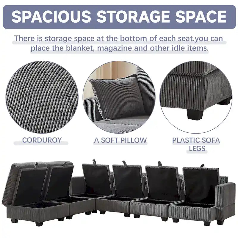 6-Piece Convertible Corduroy Modular Sectional Sofa with Storage Seats, 2 Removable Ottomans, Free Combination