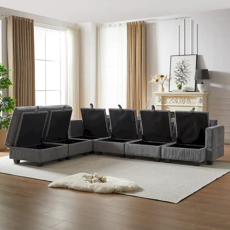 6-Piece Convertible Corduroy Modular Sectional Sofa with Storage Seats, 2 Removable Ottomans, Free Combination