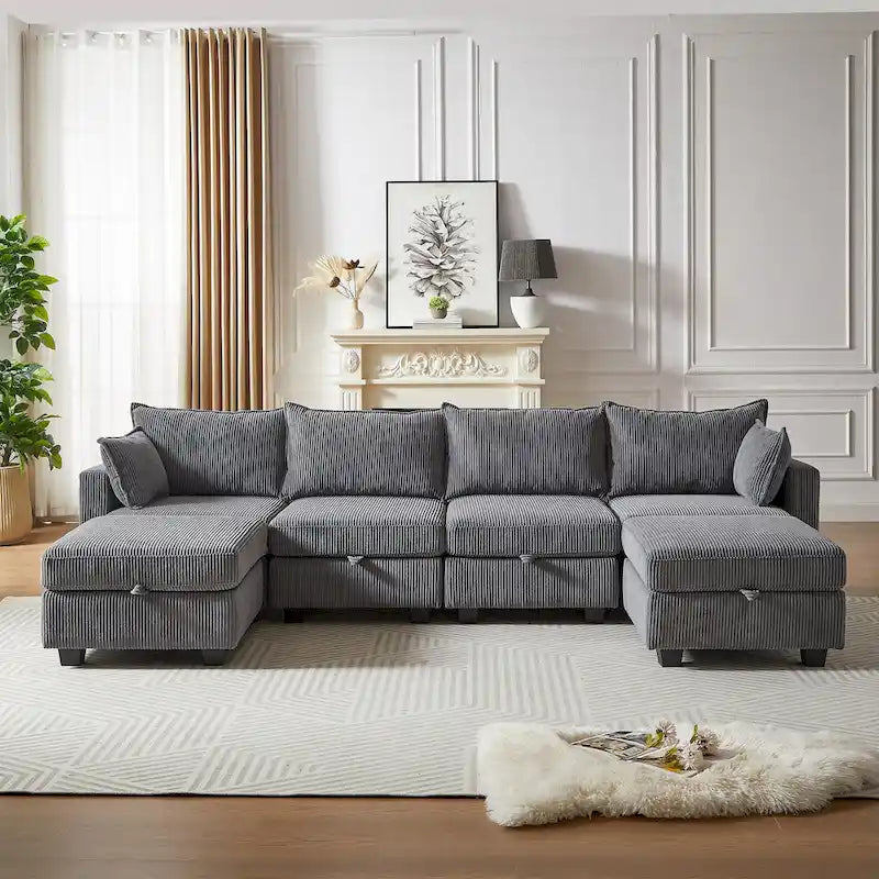 6-Piece Convertible Corduroy Modular Sectional Sofa with Storage Seats, 2 Removable Ottomans, Free Combination