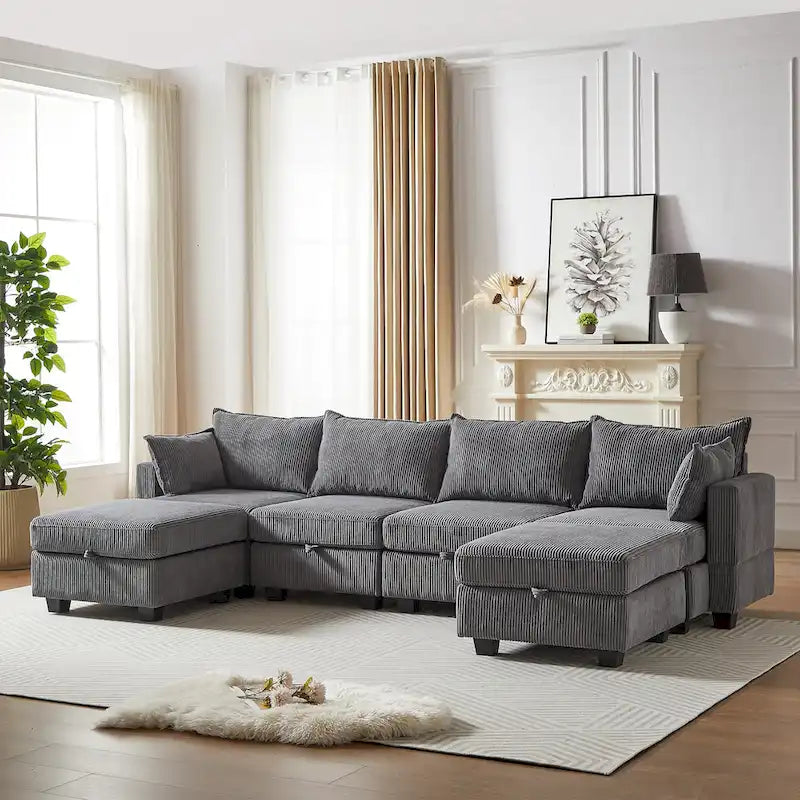 6-Piece Convertible Corduroy Modular Sectional Sofa with Storage Seats, 2 Removable Ottomans, Free Combination