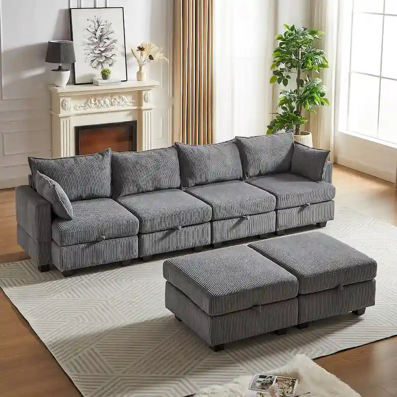6-Piece Convertible Corduroy Modular Sectional Sofa with Storage Seats, 2 Removable Ottomans, Free Combination