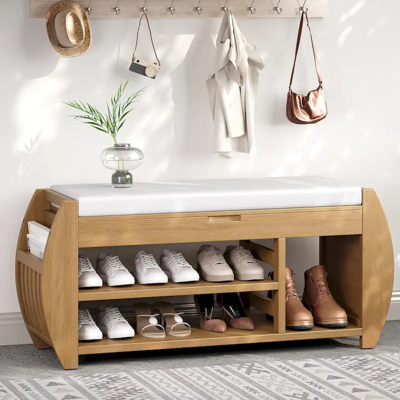 Multifunctional Storage Bench with Cushion and Curved Side Panel for Entrance and Living Room
