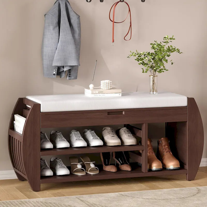 Multifunctional Storage Bench with Cushion and Curved Side Panel for Entrance and Living Room