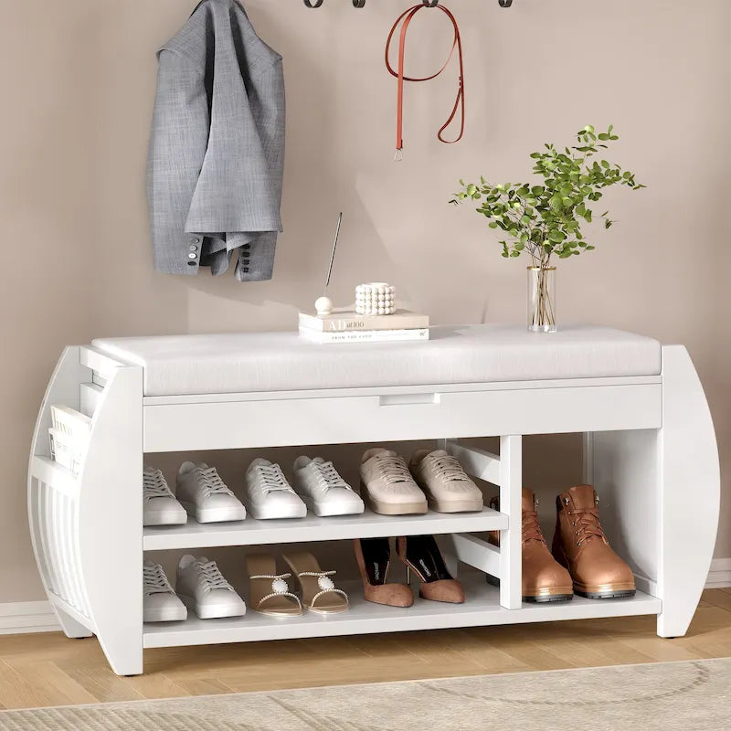 Multifunctional Storage Bench with Cushion and Curved Side Panel for Entrance and Living Room