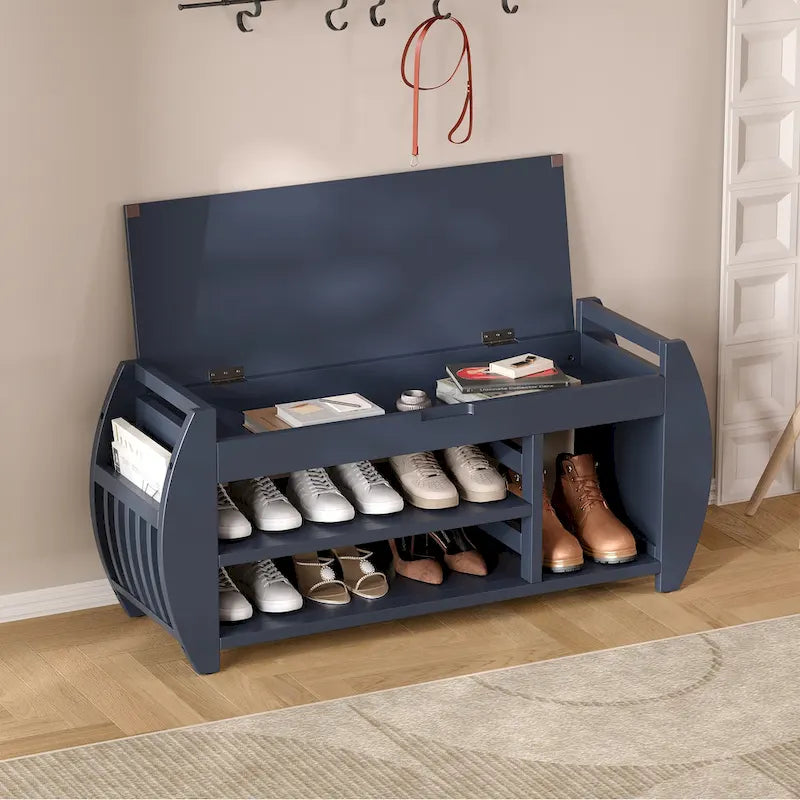 Multifunctional Storage Bench with Cushion and Curved Side Panel for Entrance and Living Room