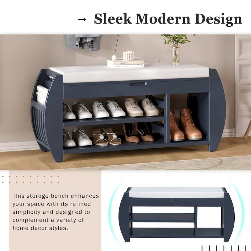 Multifunctional Storage Bench with Cushion and Curved Side Panel for Entrance and Living Room