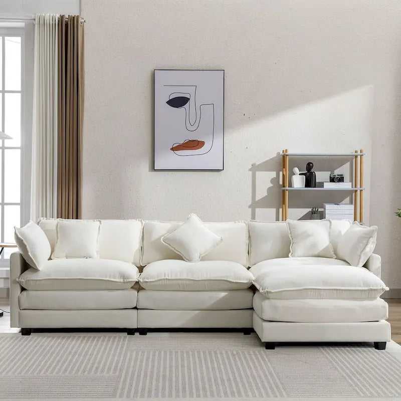 112 Modern L-Shape Chenille Upholstered Sofa with 5 Pillows