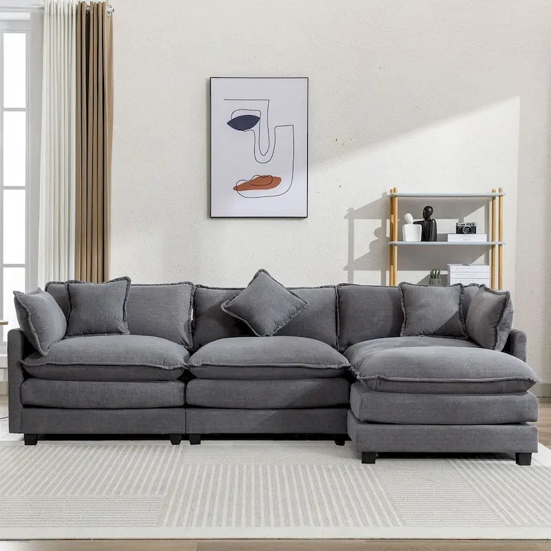 112 Modern L-Shape Chenille Upholstered Sofa with 5 Pillows