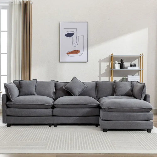 112 Modern L-Shape Chenille Upholstered Sofa with 5 Pillows