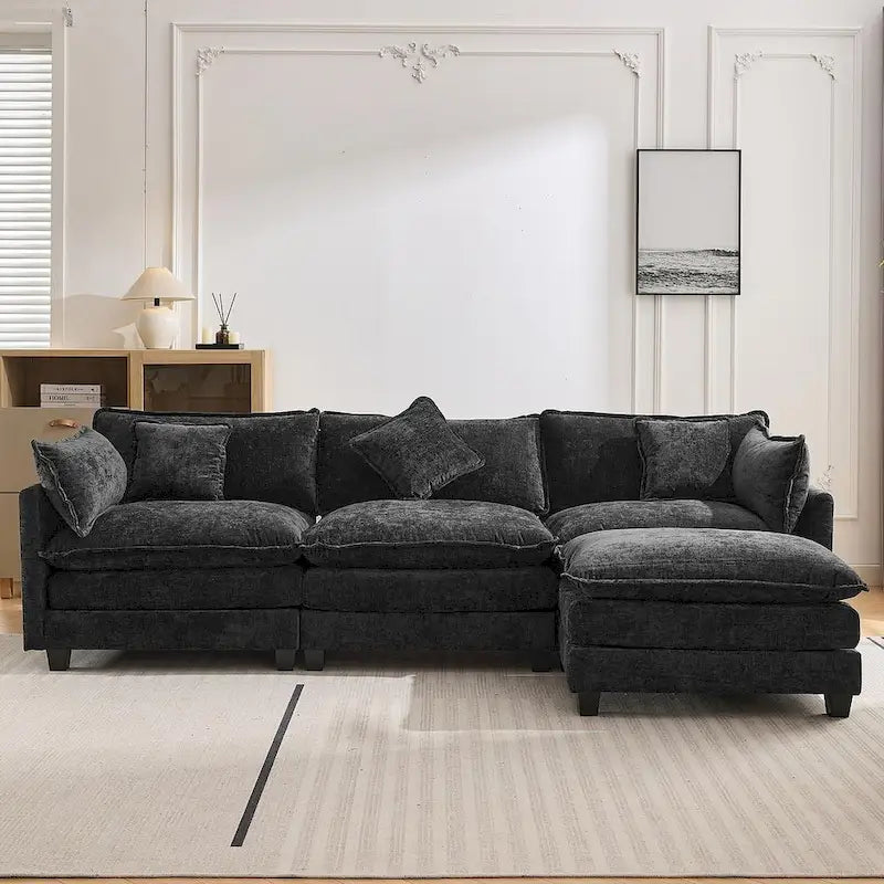 112 Modern L-Shape Chenille Upholstered Sofa with 5 Pillows