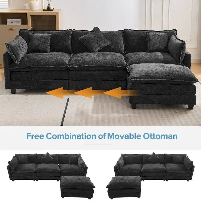 112 Modern L-Shape Chenille Upholstered Sofa with 5 Pillows