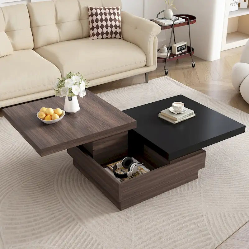 Rotatable Top Coffee Table, Modern Square Coffee Table with Wood Grain Design and 1 Hidden Storage Space for Living Room