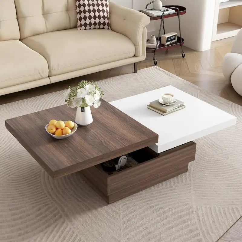 Rotatable Top Coffee Table, Modern Square Coffee Table with Wood Grain Design and 1 Hidden Storage Space for Living Room