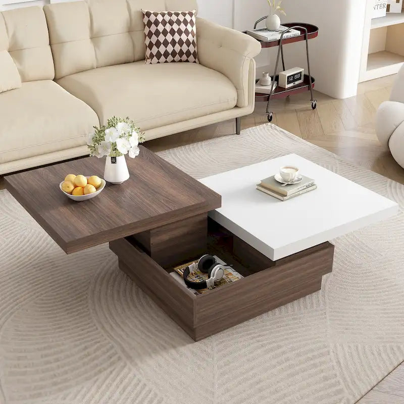 Rotatable Top Coffee Table, Modern Square Coffee Table with Wood Grain Design and 1 Hidden Storage Space for Living Room