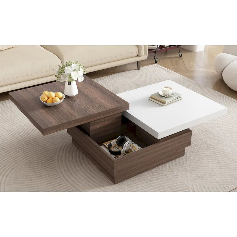 Rotatable Top Coffee Table, Modern Square Coffee Table with Wood Grain Design and 1 Hidden Storage Space for Living Room