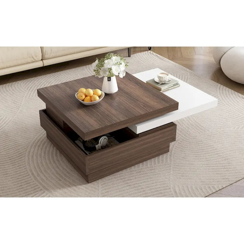 Rotatable Top Coffee Table, Modern Square Coffee Table with Wood Grain Design and 1 Hidden Storage Space for Living Room