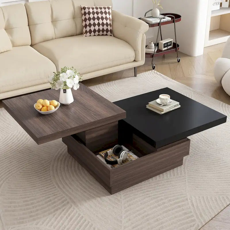 Rotatable Top Coffee Table, Modern Square Coffee Table with Wood Grain Design and 1 Hidden Storage Space for Living Room