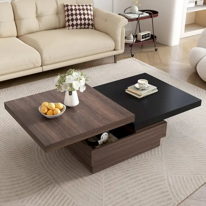 Rotatable Top Coffee Table, Modern Square Coffee Table with Wood Grain Design and 1 Hidden Storage Space for Living Room