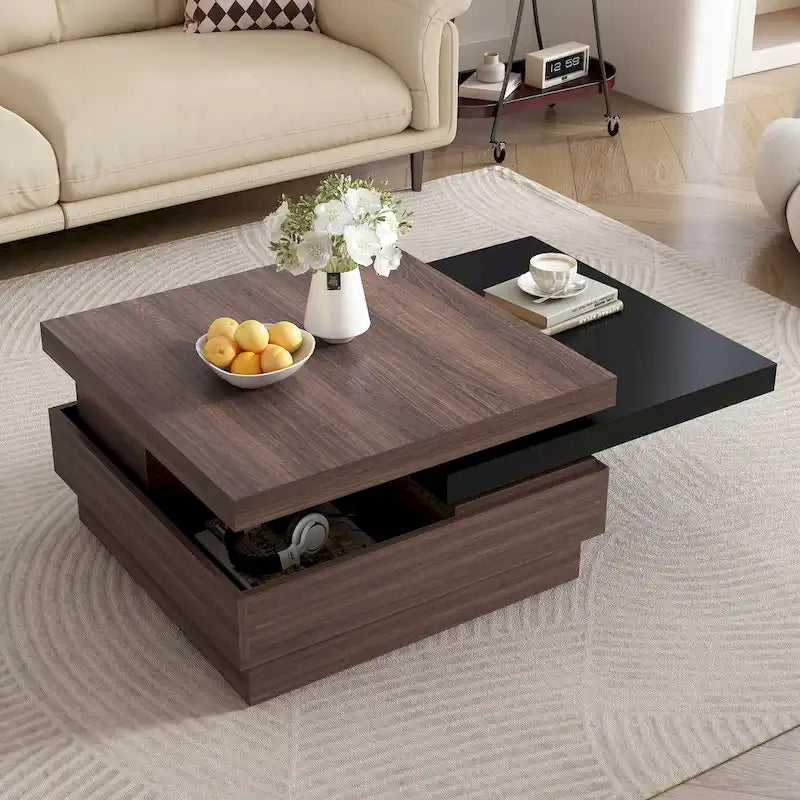 Rotatable Top Coffee Table, Modern Square Coffee Table with Wood Grain Design and 1 Hidden Storage Space for Living Room
