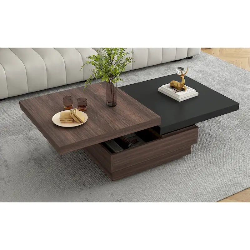 Rotatable Top Coffee Table, Modern Square Coffee Table with Wood Grain Design and 1 Hidden Storage Space for Living Room
