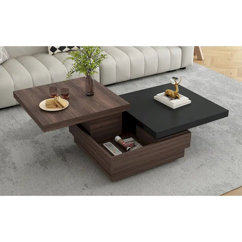 Rotatable Top Coffee Table, Modern Square Coffee Table with Wood Grain Design and 1 Hidden Storage Space for Living Room