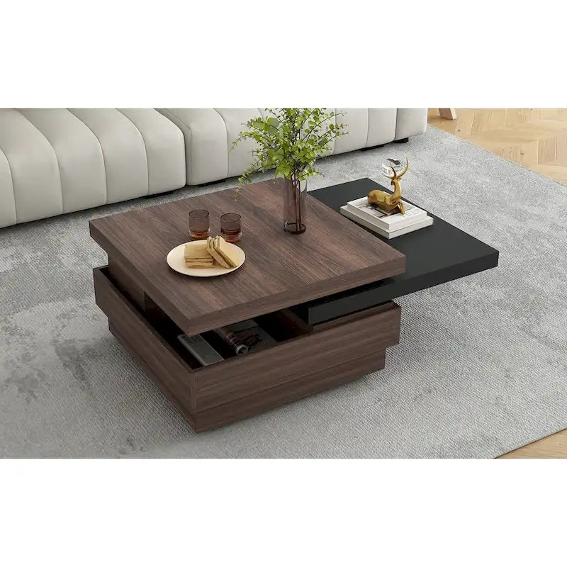 Rotatable Top Coffee Table, Modern Square Coffee Table with Wood Grain Design and 1 Hidden Storage Space for Living Room