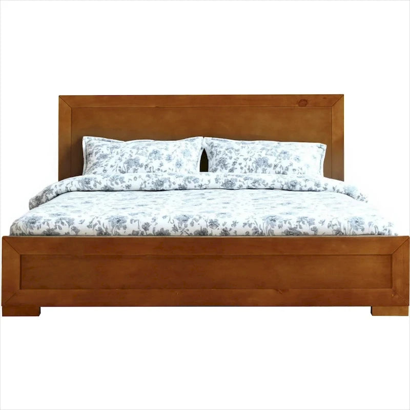 HomeRoots Oak Inlaid Panels Solid Wood King Bed Frame