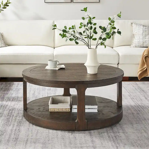 40 Modern 2-Tier Round Coffee Table with Wood Grain Top and 4 Wheels at the Bottom, Suitable for Living Room, Bedroom, Office