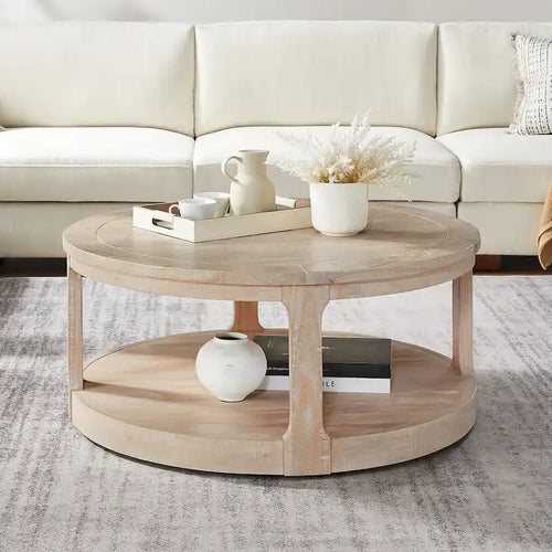40 Modern 2-Tier Round Coffee Table with Wood Grain Top and 4 Wheels at the Bottom, Suitable for Living Room, Bedroom, Office