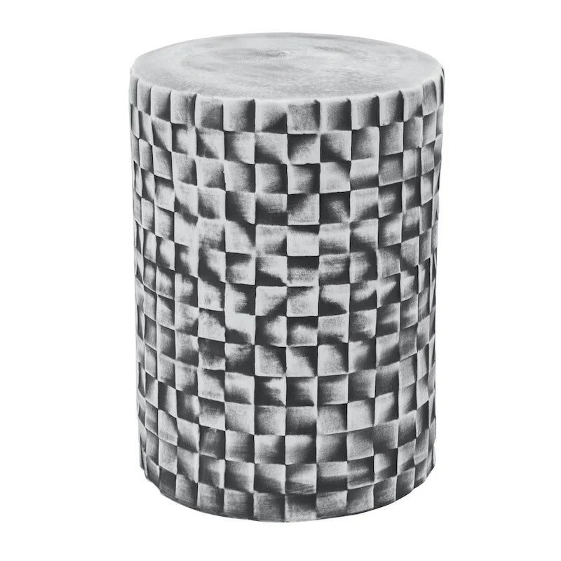 18 Inch Stool Table, Ceramic, Cylindrical, Textured Geometry, Outdoor, Gray