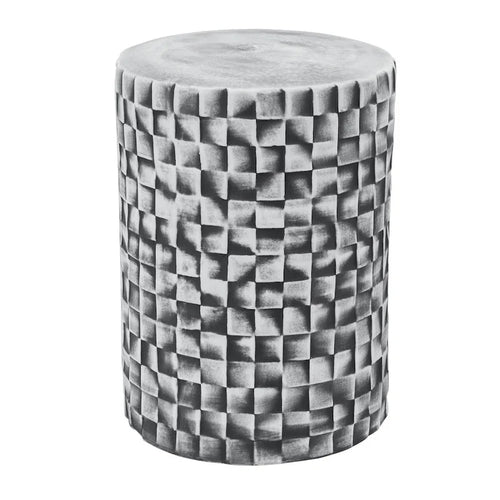 18 Inch Stool Table, Ceramic, Cylindrical, Textured Geometry, Outdoor, Gray