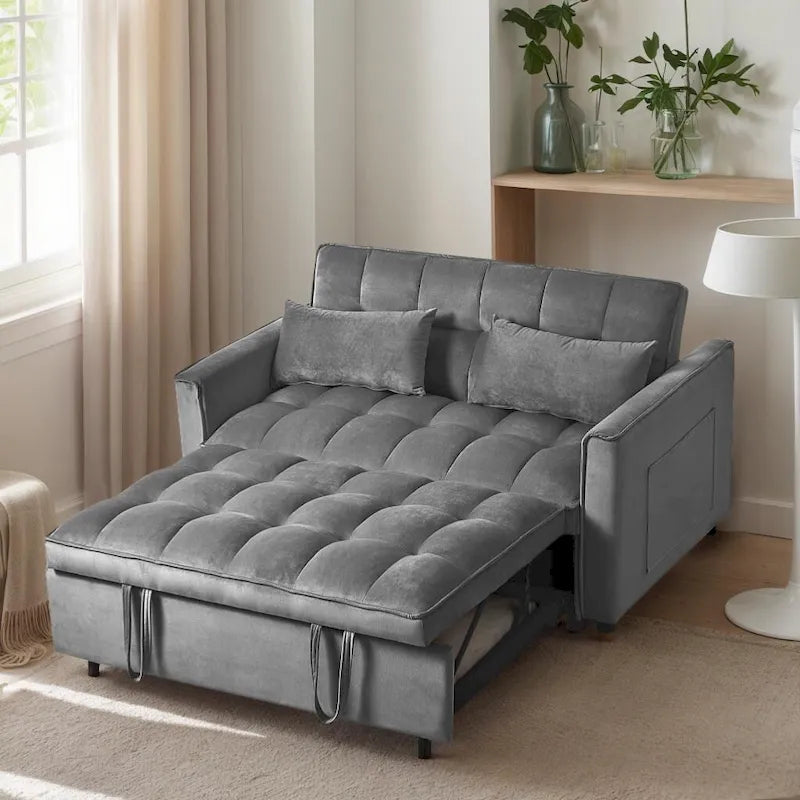 Modern Velvet Loveseat Futon Sofa Couch Pullout Bed, Small Love Seat Lounge Sofa w/Reclining Backrest, Toss Pillows, Pockets