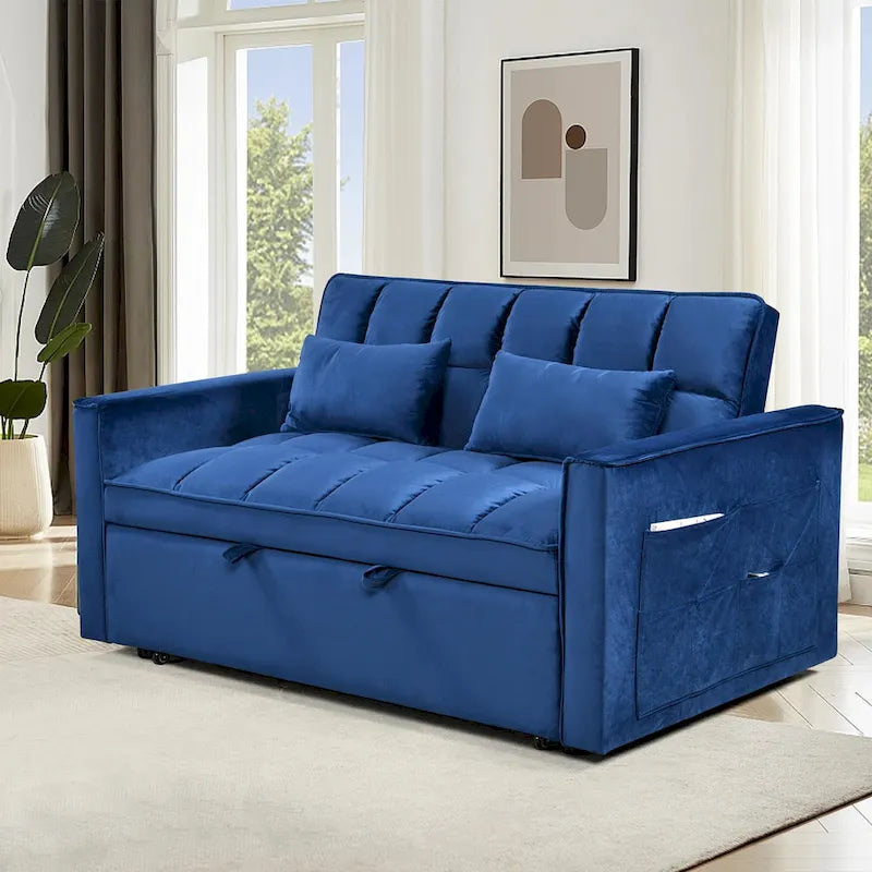 Modern Velvet Loveseat Futon Sofa Couch Pullout Bed, Small Love Seat Lounge Sofa w/Reclining Backrest, Toss Pillows, Pockets