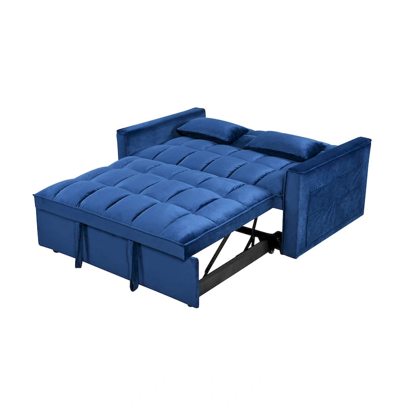 Modern Velvet Loveseat Futon Sofa Couch Pullout Bed, Small Love Seat Lounge Sofa w/Reclining Backrest, Toss Pillows, Pockets