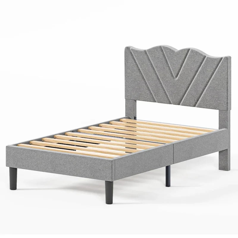 Twin Upholstered Platform Bed with Padded Headboard, Metal Frame,Gray