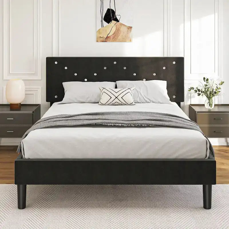 Twin Upholstered Platform Bed with Padded Headboard, Metal Frame,Gray