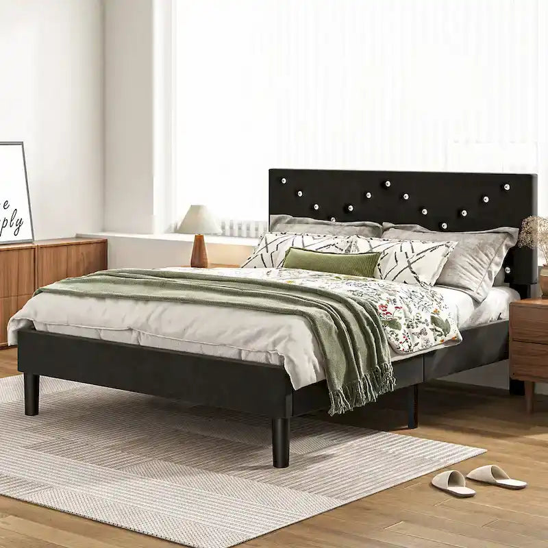 Twin Upholstered Platform Bed with Padded Headboard, Metal Frame,Gray